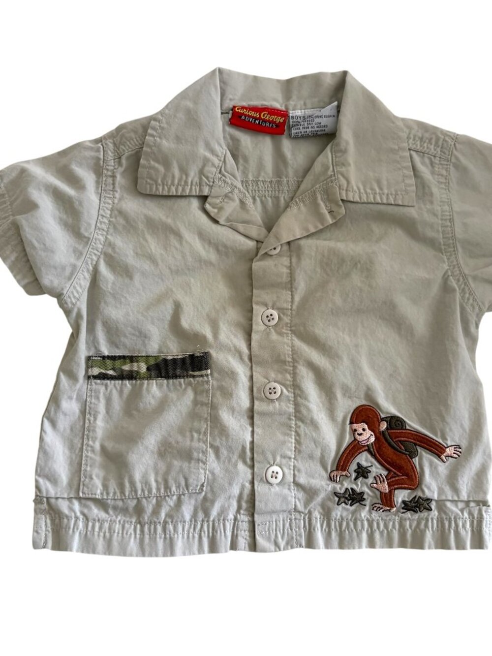 Vintage Y2K Curious George Button Down Shirt 12 Months Embroidered Patch Tan